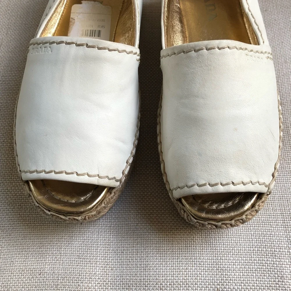 Prada Espadrille Sandals Platform White Leather US 5